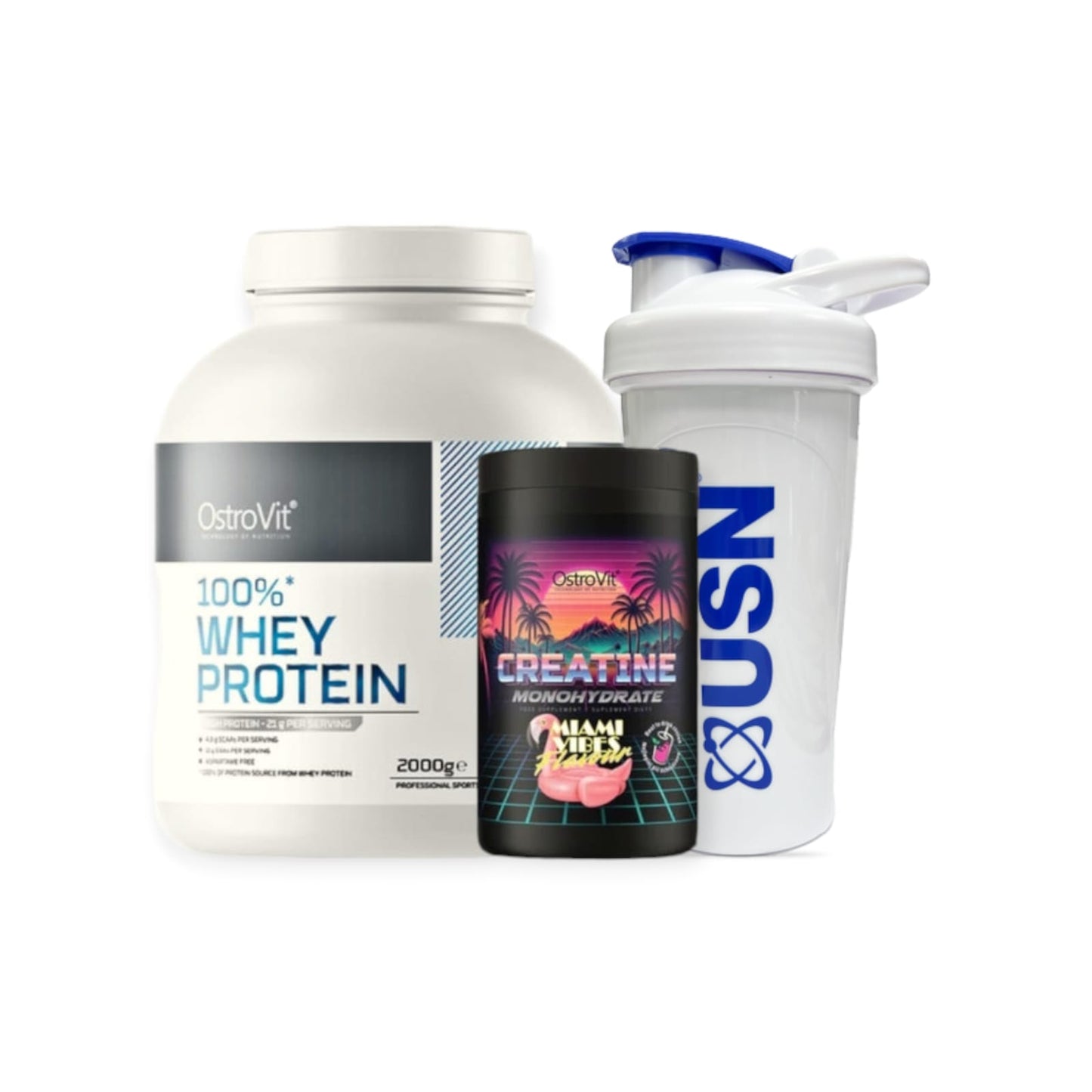 PACK PROTEINA 100% WHEY 66 SV + CREATINA MIAMI VIBES 500GR + Shaker - OSTROVIT