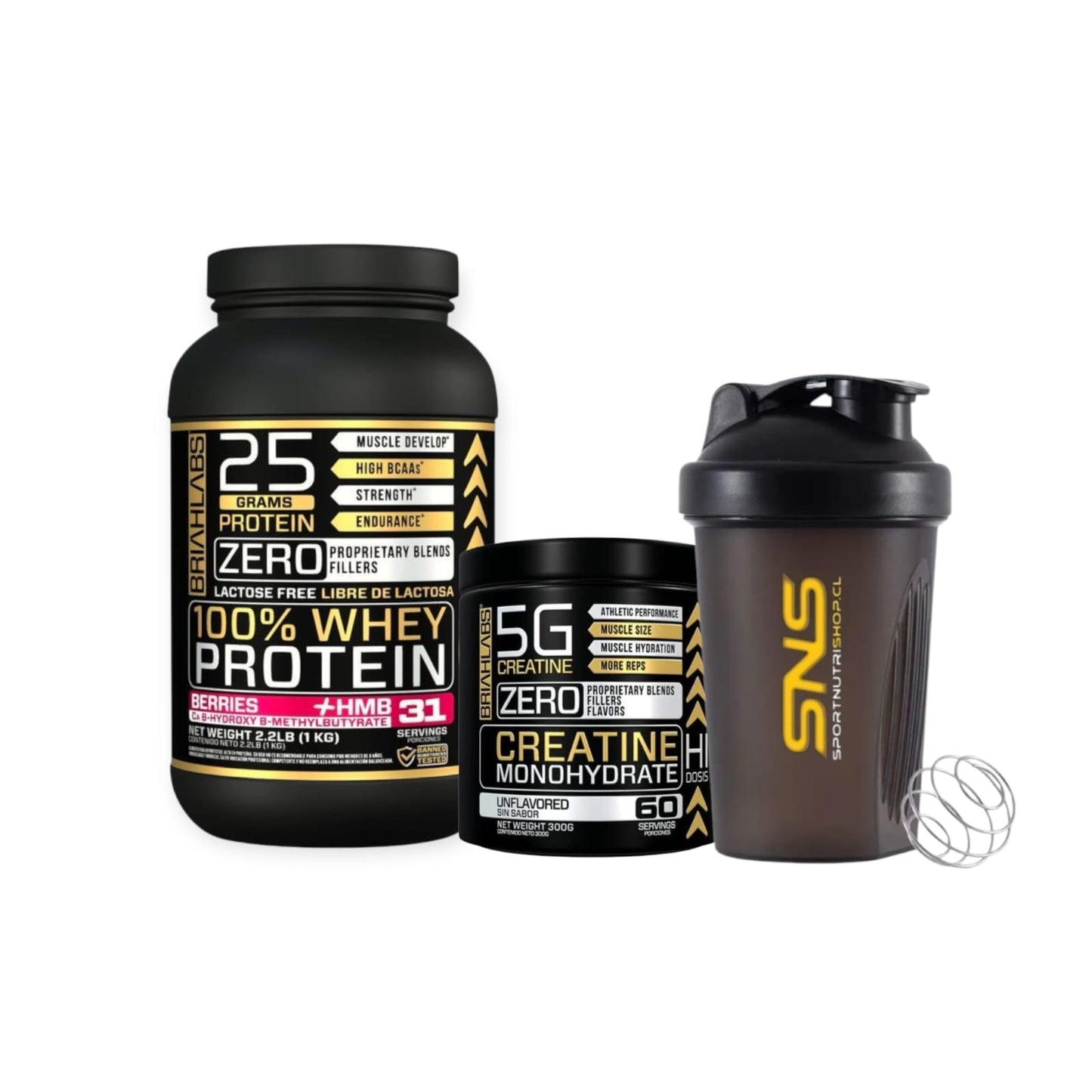 PACK PROTEINA 100% WHEY 1KG + CREATINA 300GR + SHAKER - BRIAHLABS