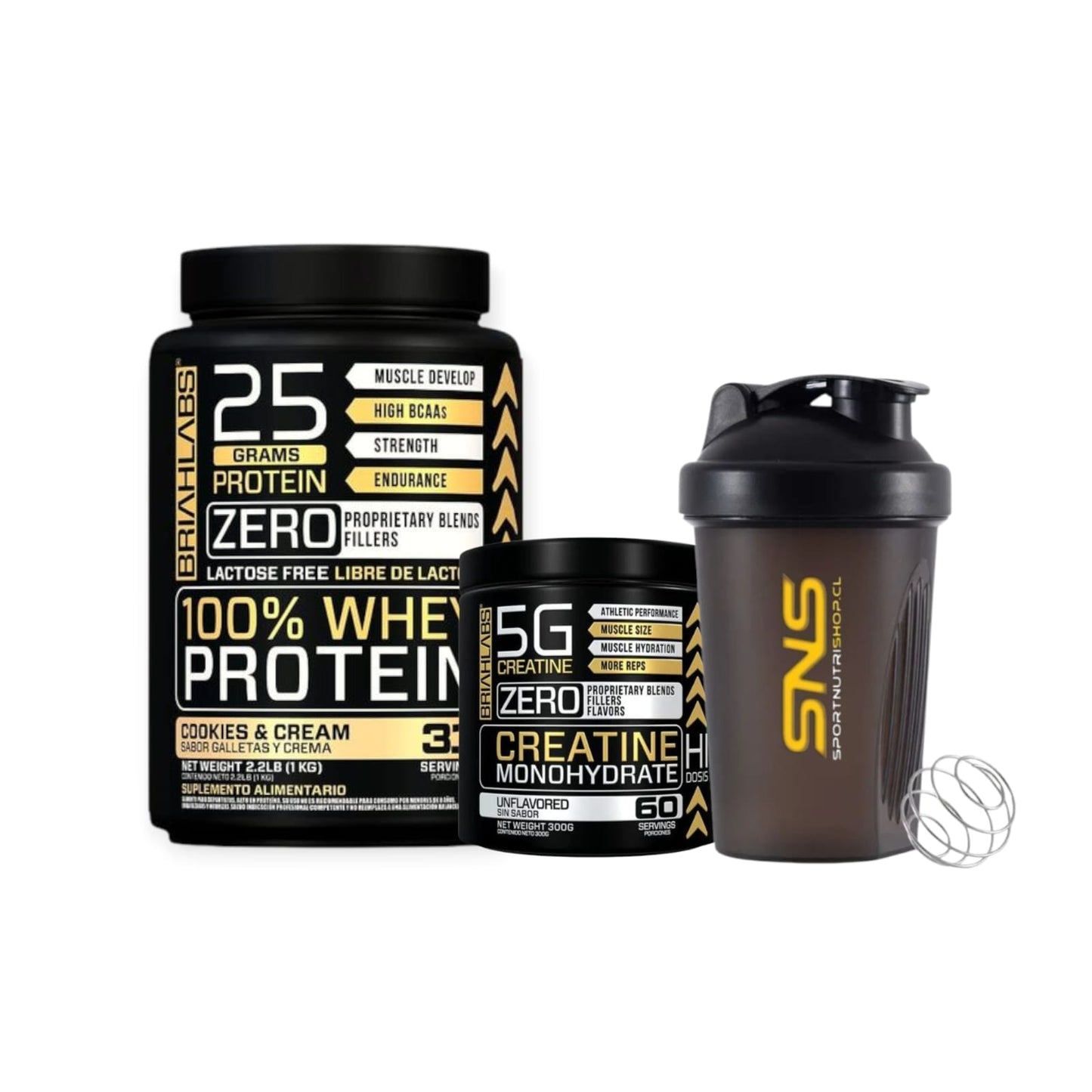 PACK PROTEINA 100% WHEY 1KG + CREATINA 300GR + SHAKER - BRIAHLABS