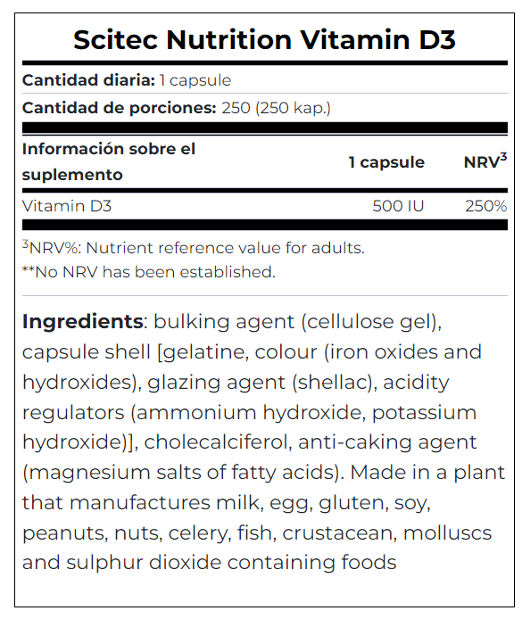 VITAMINA D3 (500 IU) 250 CAPSULAS - SCITEC NUTRITION