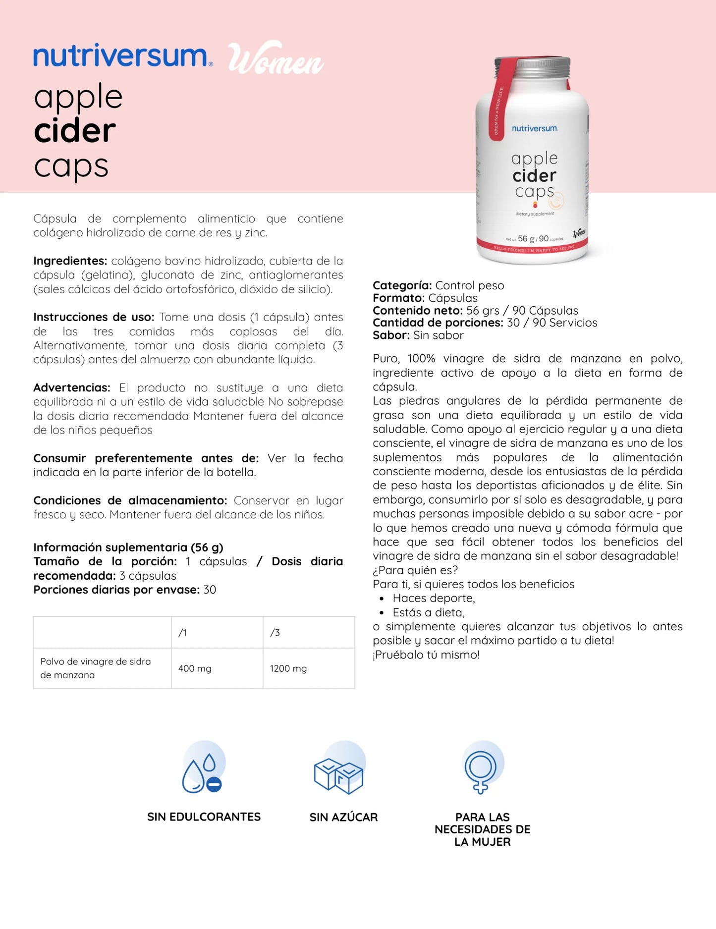 VINAGRE DE MANZANA 90 CAPSULAS - NUTRIVERSUM