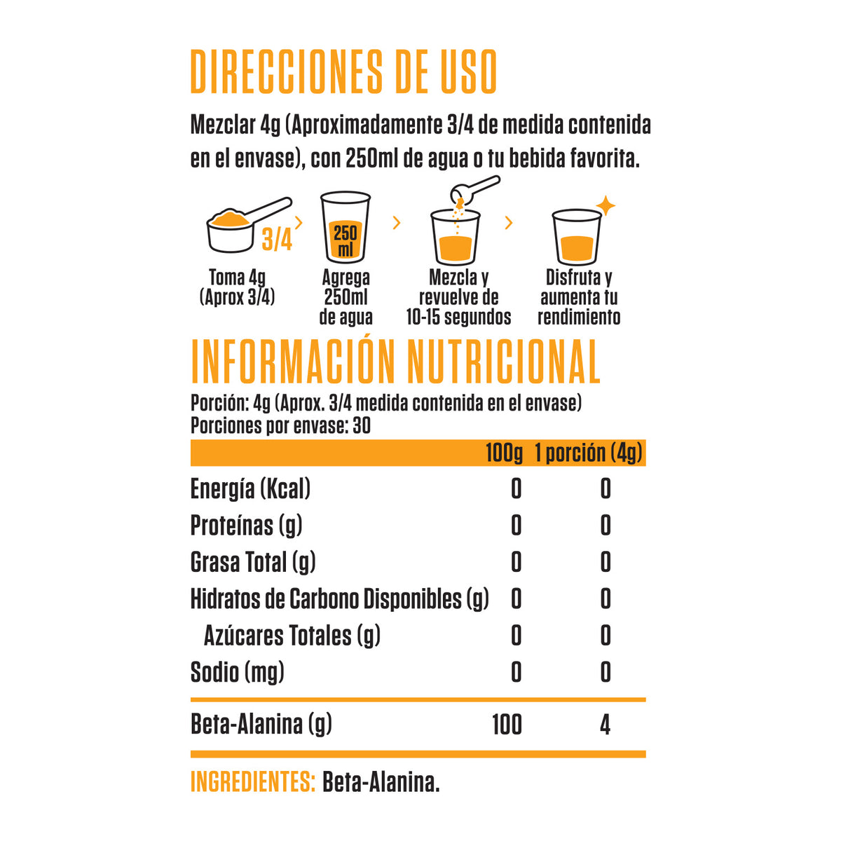 BETA ALANINA 120GR 30 SERVICIOS SIN SABOR - SPORTNUTRISHOP