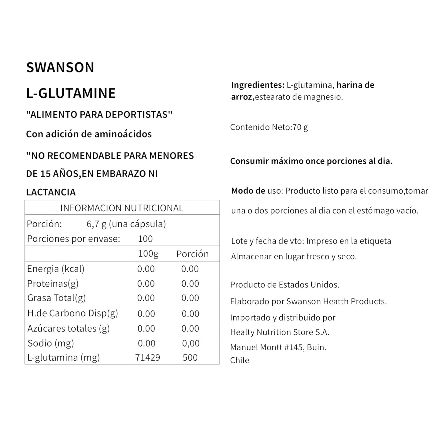 L-GLUTAMINA 500MG 100 CAPSULAS VEGANAS - SWANSON