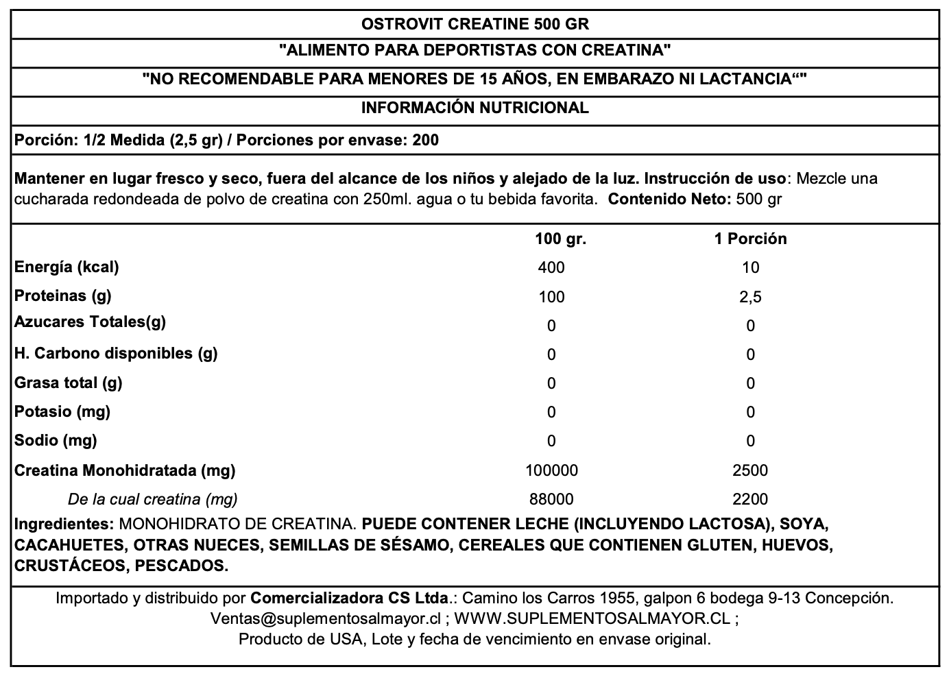 CREATINA MONOHIDRATO SIN SABOR - OSTROVIT