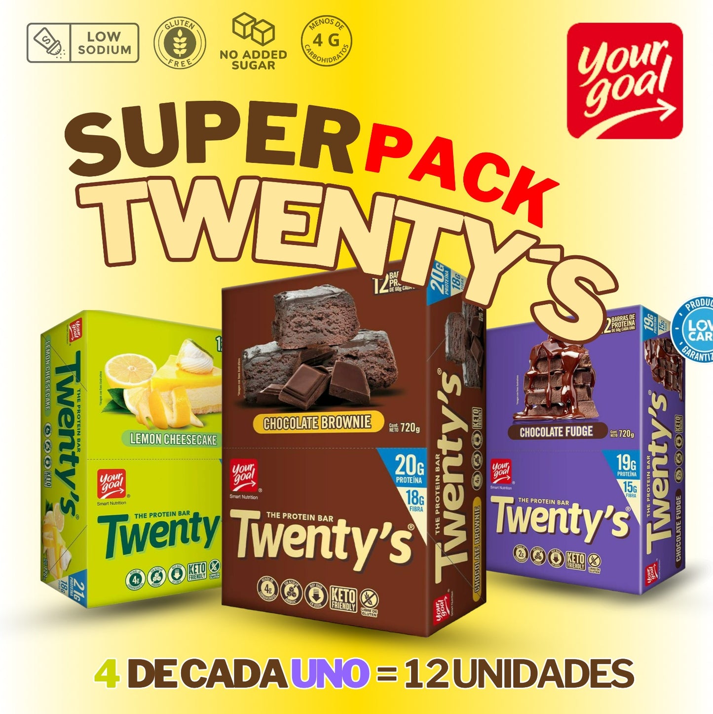 PACK 12 BARRAS DE PROTEINA TWENTYS 3 SABORES 4 C/U - YOUR GOAL