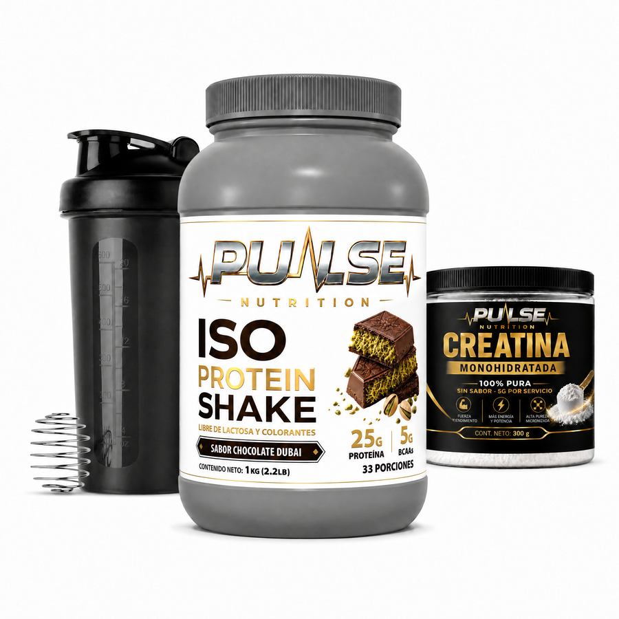 Pack Proteína ISO Shake 2.2 lb + creatina 300 g + shaker – Pulse Nutrition