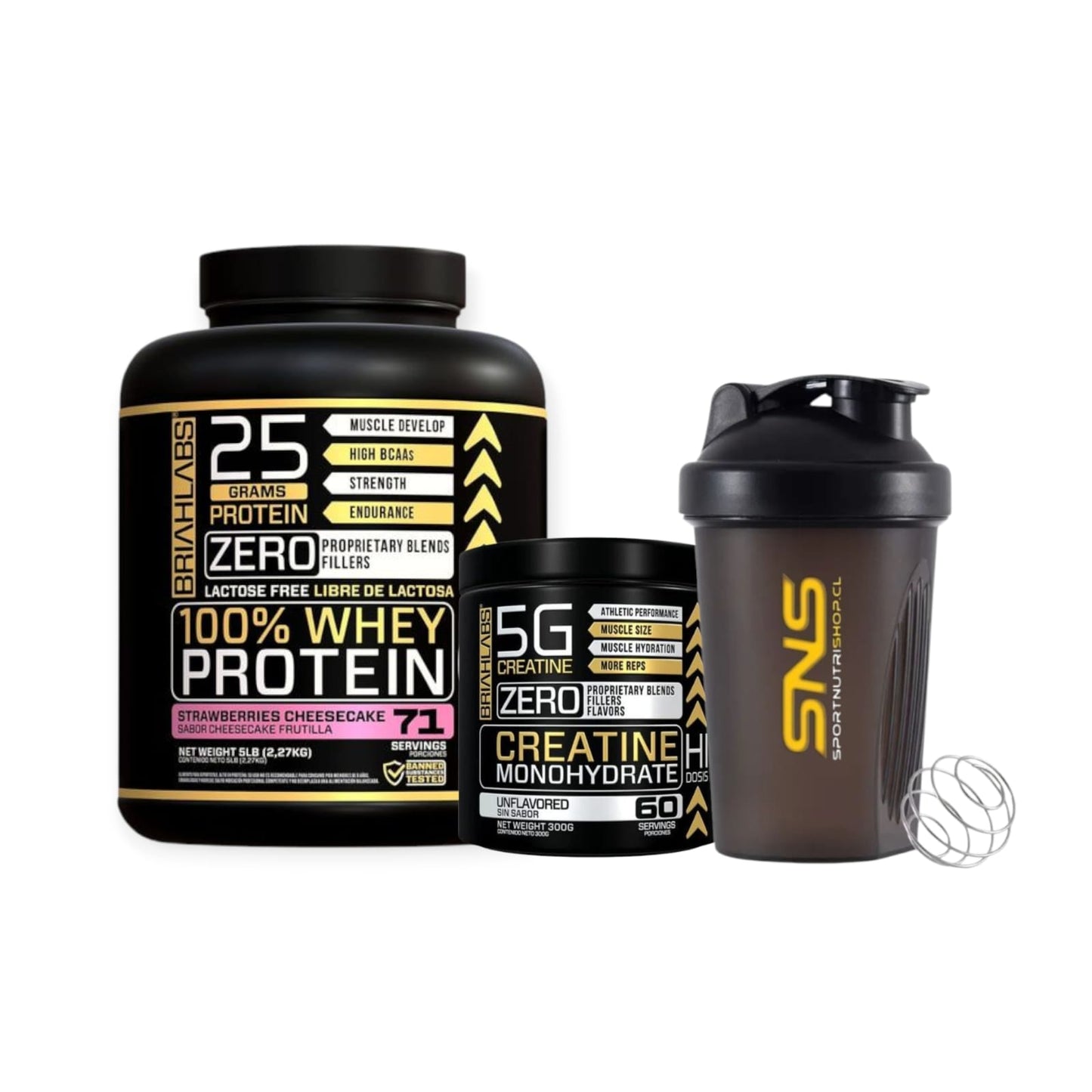 PACK PROTEINA 100% WHEY PROTEIN 5LBS + CREATINA 60SV + SHAKER - BRIAHLABS
