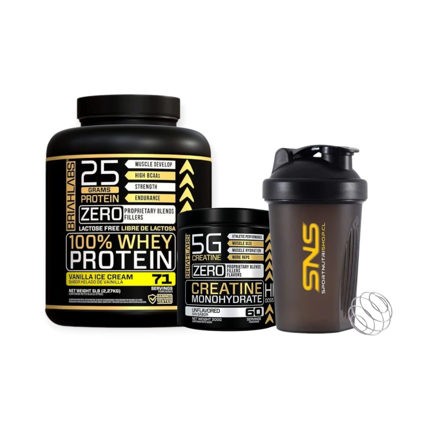 PACK PROTEINA 100% WHEY PROTEIN 5LBS + CREATINA 60SV + SHAKER - BRIAHLABS
