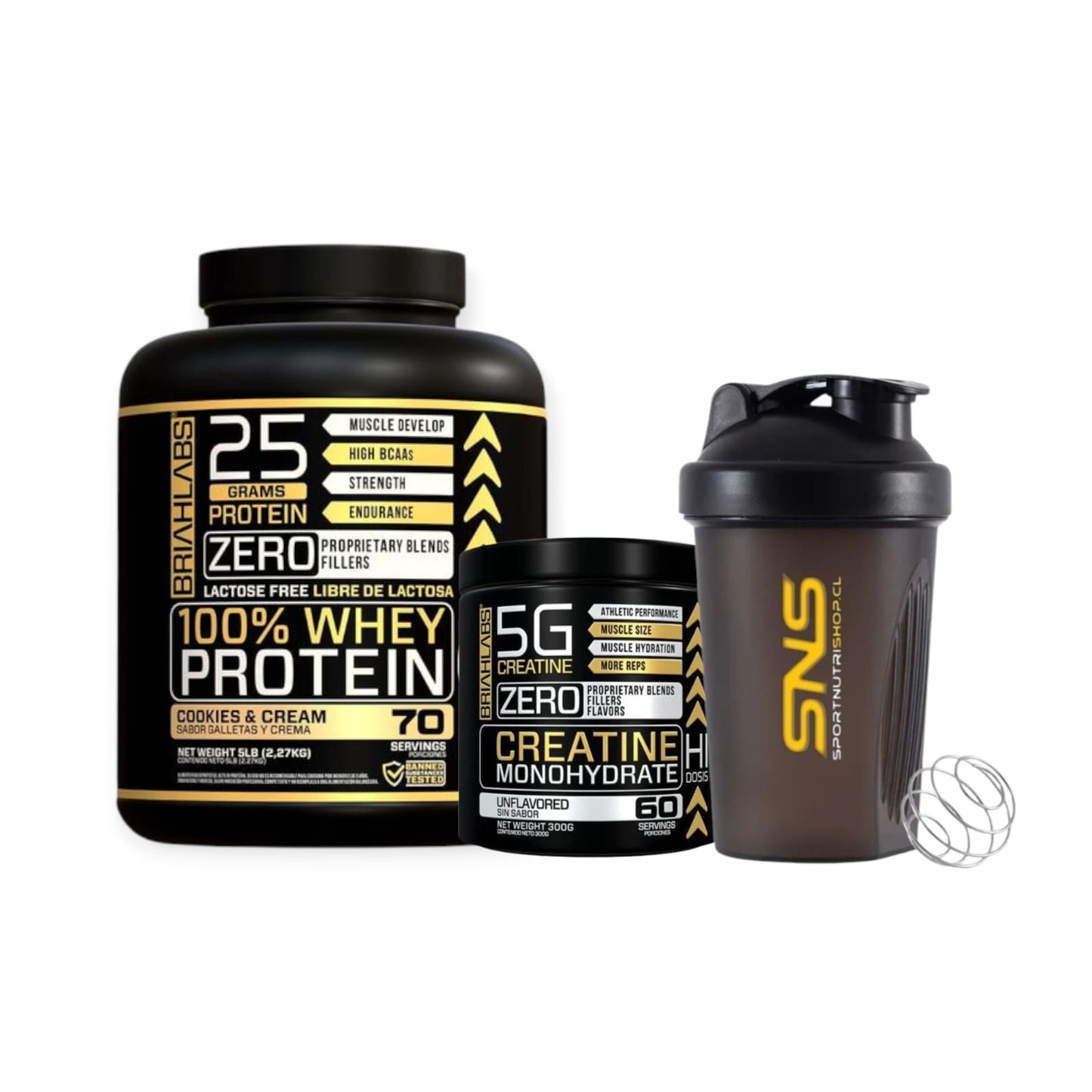 PACK PROTEINA 100% WHEY PROTEIN 5LBS + CREATINA 60SV + SHAKER - BRIAHLABS