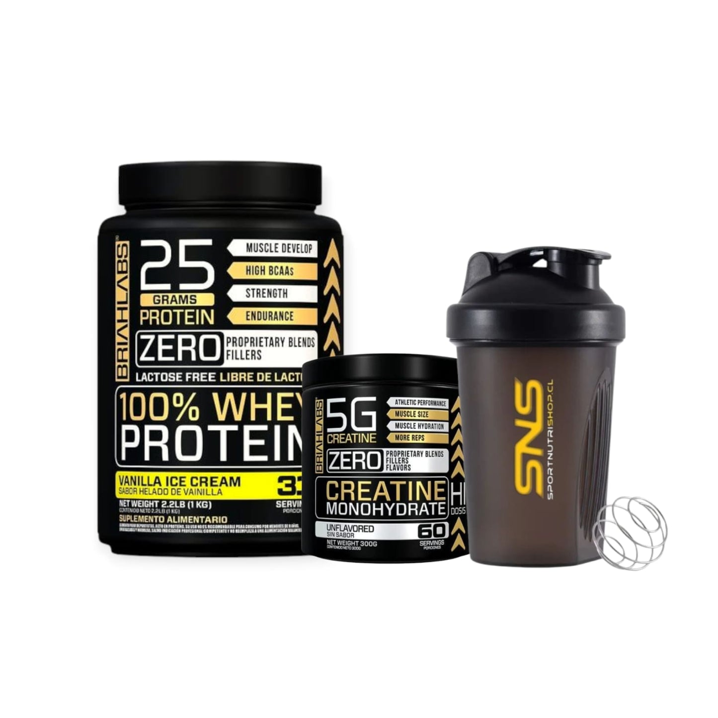 PACK PROTEINA 100% WHEY 1KG + CREATINA 300GR + SHAKER - BRIAHLABS