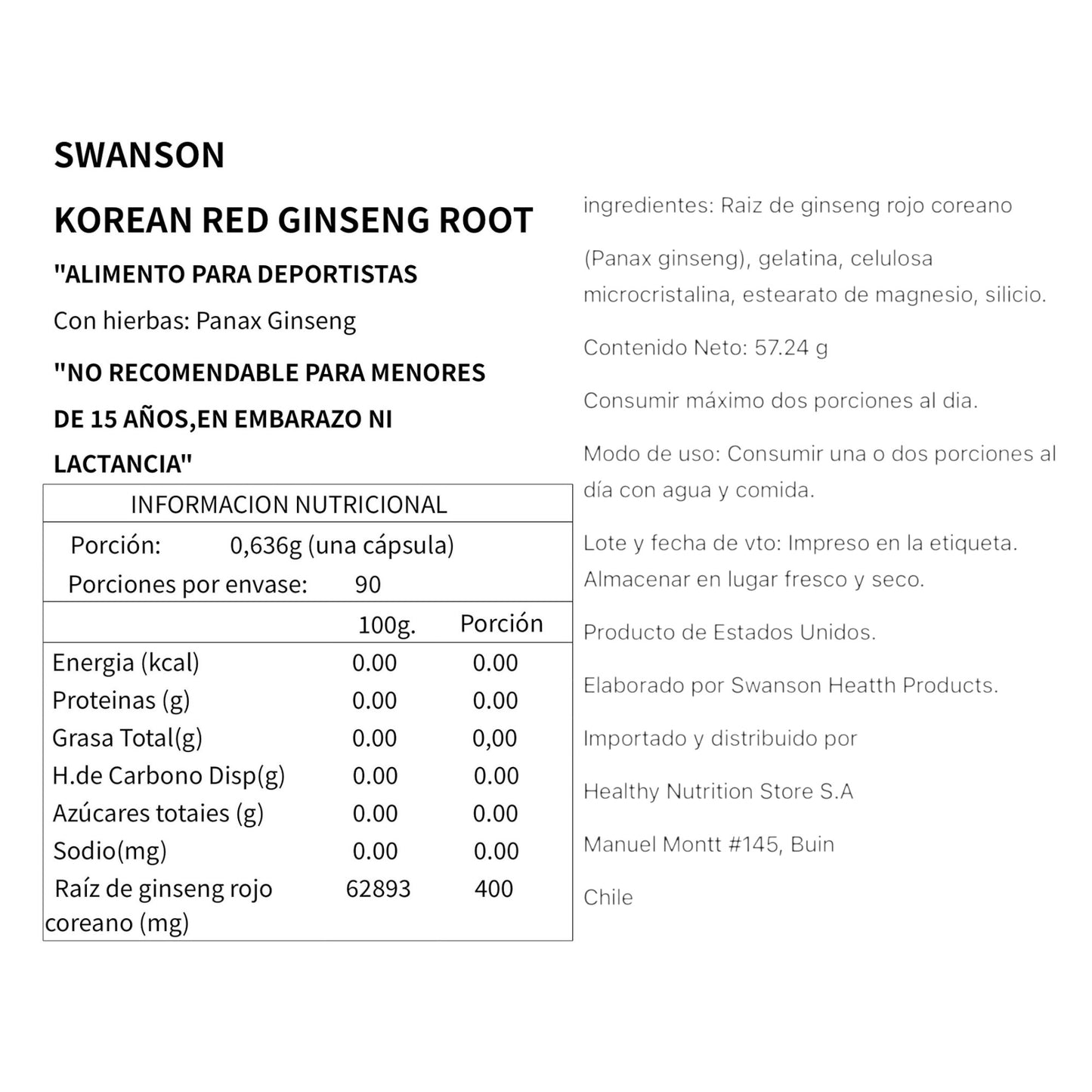 GINSENG COREANO ROJO 400MG 90 CAPSULAS - SWANSON