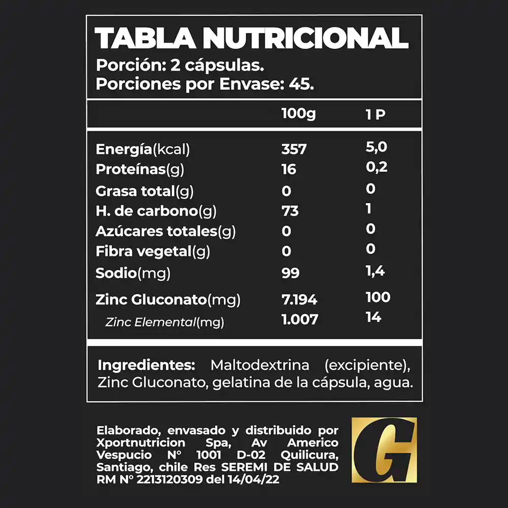 ZINC GLUCONATO PRO - 100 CAPSULAS - GREATLHETES