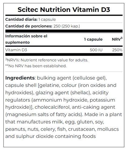 Vitamina D3 (500 Iu) 250 Cápsulas de Scitec Nutrition – imagen 2