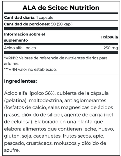 ALA (ácido Alfa Lipoico) 250 Mg. 50 Cápsulas de Scitec Nutrition – imagen 2