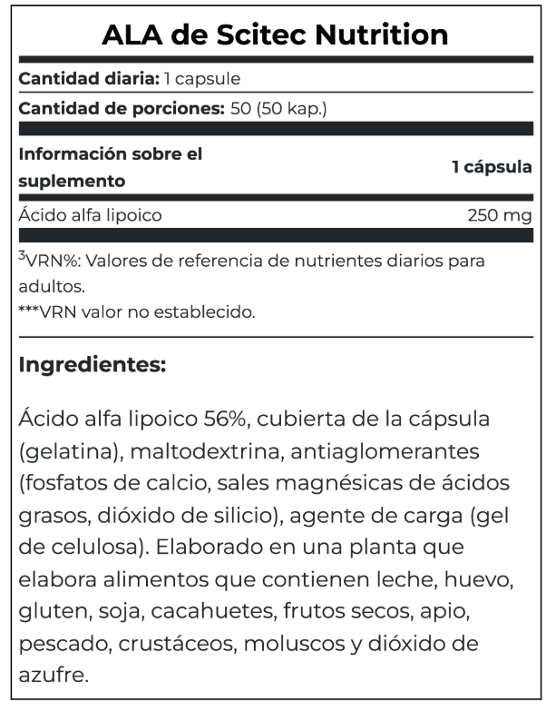 ALA (Ácido Alfa Lipoico) 250 mg, 50 cápsulas – Scitec Nutrition