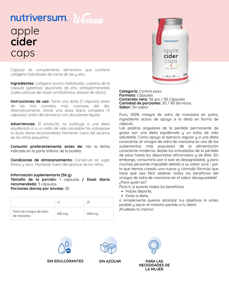 VINAGRE DE MANZANA 90 CAPSULAS - NUTRIVERSUM