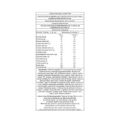 Información nutricional de BOX 28 BARRAS DE PROTEÍNA VEGANA CON L-CARNITINA 40 G – QNT