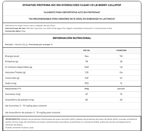 ISO 100 HYDROLYZED CLEAR 512GR - DYMATIZE