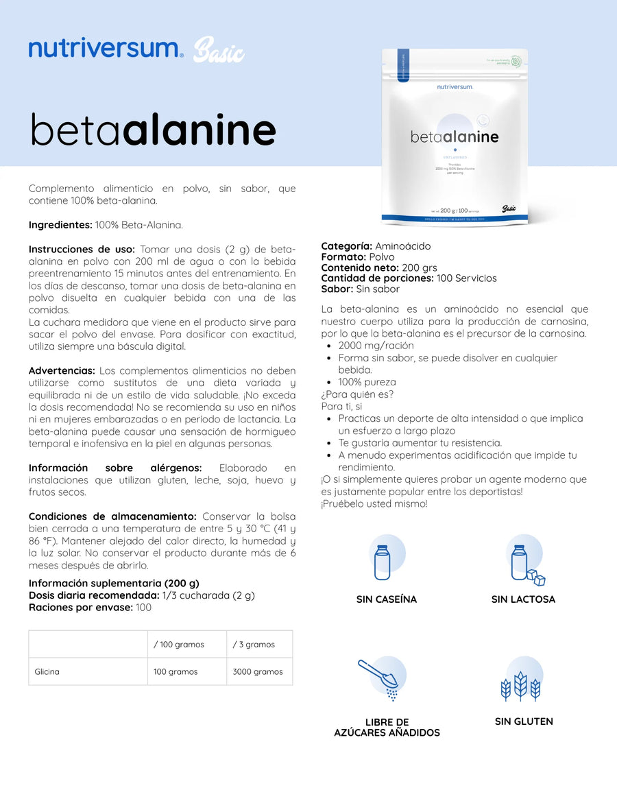 BETA ALANINA 200GR 100 SV UNFLAVORED - NUTRIVERSUM