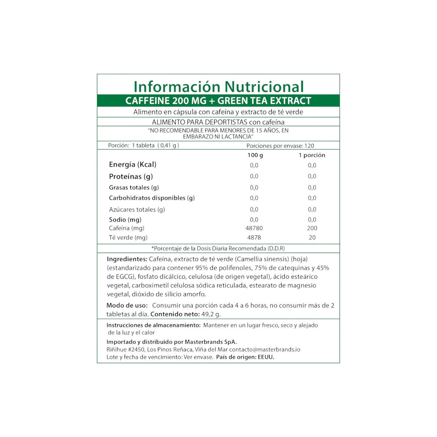 CAFEINA 200MG CON TE VERDE 120 TABLETAS - NATURE'S TRUTH