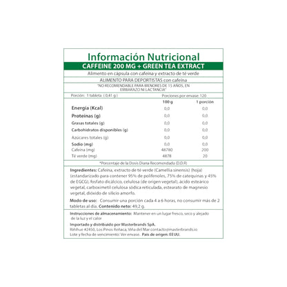 CAFEINA 200MG CON TE VERDE 120 TABLETAS - NATURE'S TRUTH