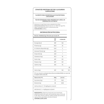Información nutricional ISO100 Dunkin Cappuccino 5 lb