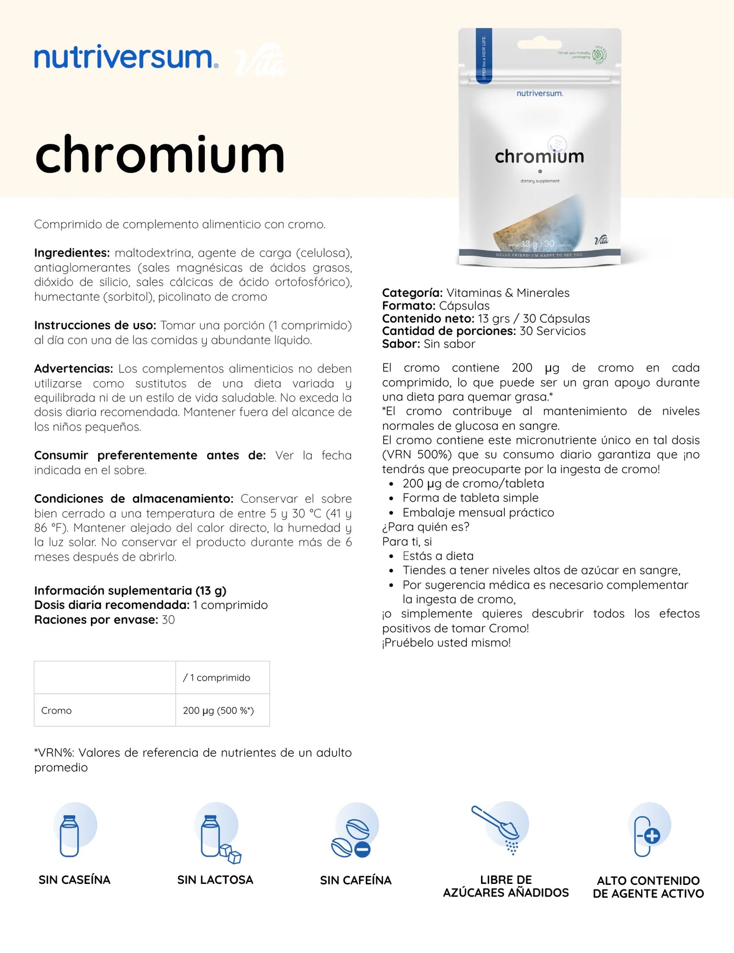 CHROMIUM 30 TABLETAS - NUTRIVERSUM