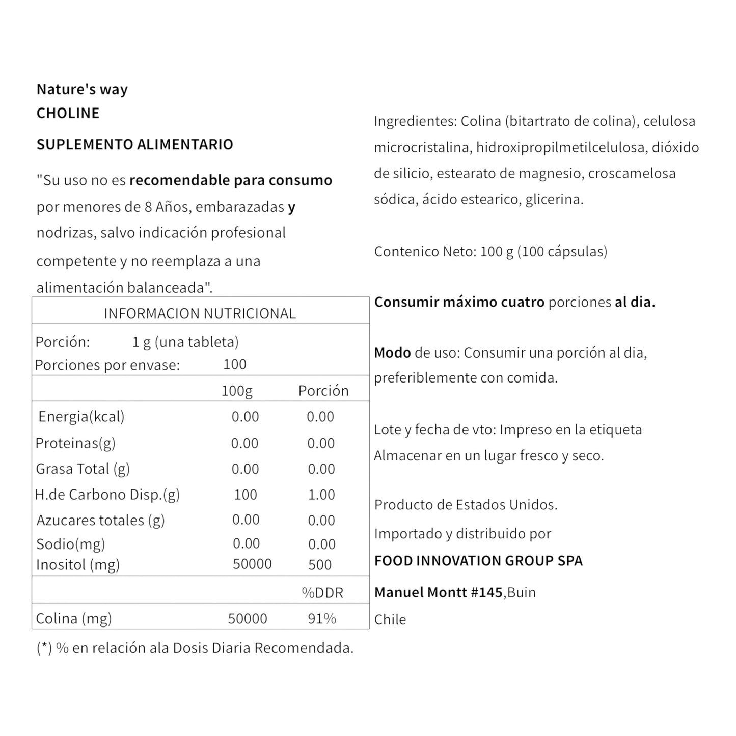 COLINA 500MG 100 CAPSULAS - NATURE'S WAY