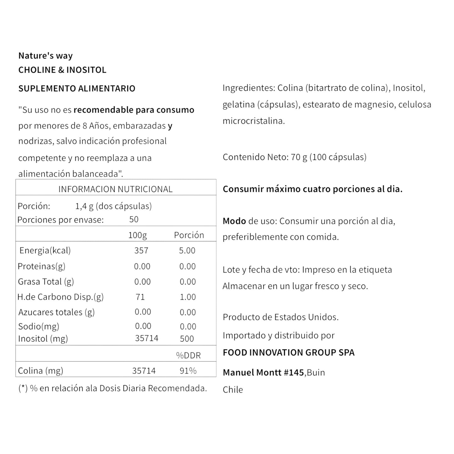 COLINA & INOSITOL 500MG 100 CAPSULAS - NATURE'S WAY