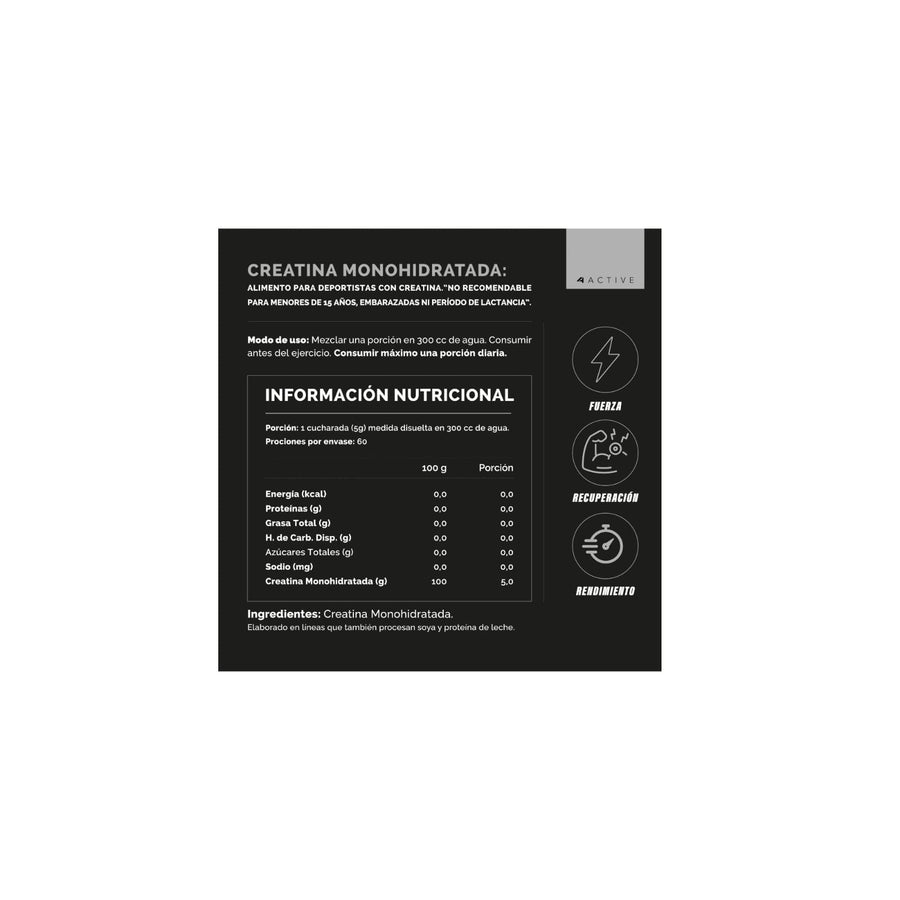 CREATINA 100% PURE MONOHIDRATADA 300GR 60 SV - 4ACTIVE