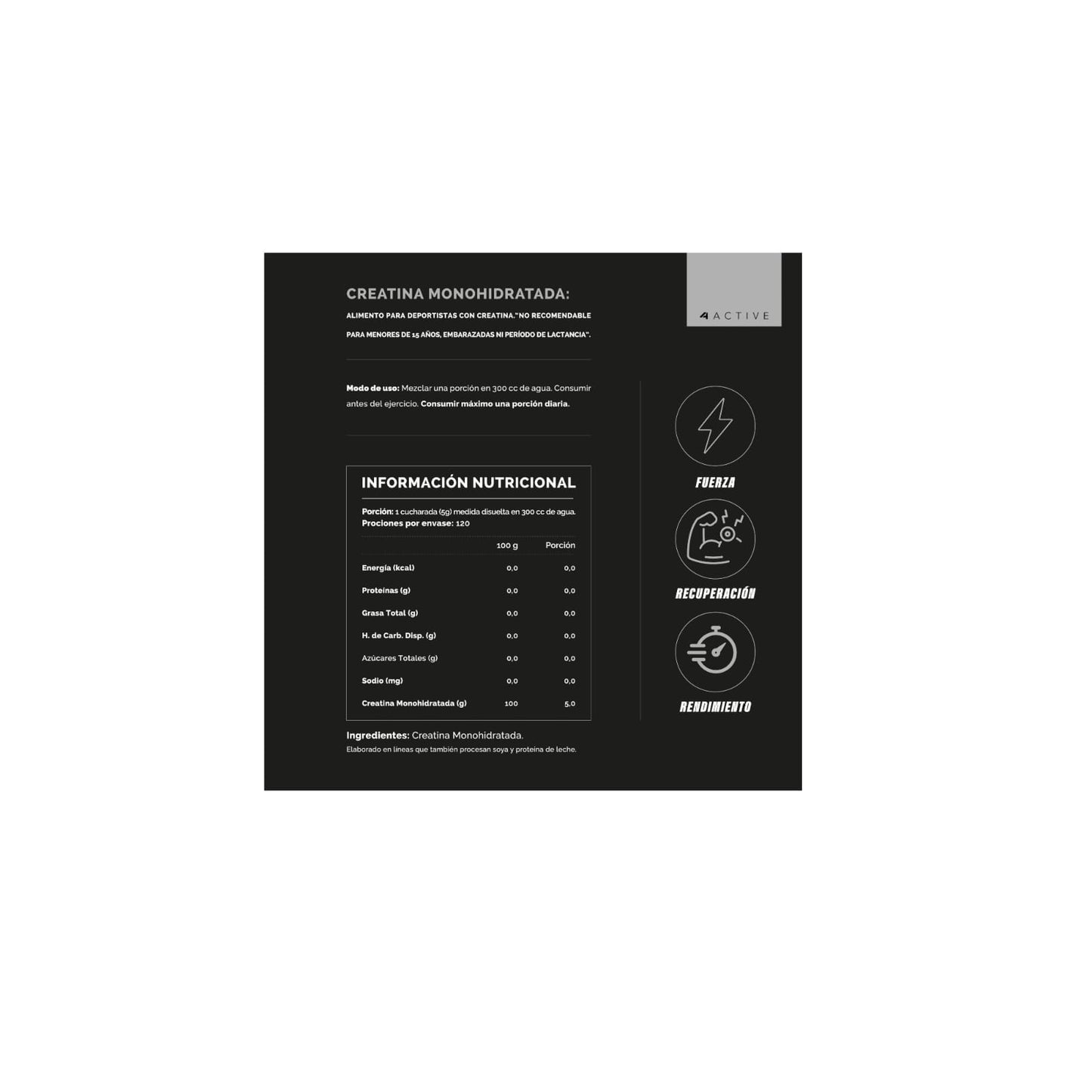 CREATINA 100% PURE MONOHIDRATADA 600GR - 4ACTIVE