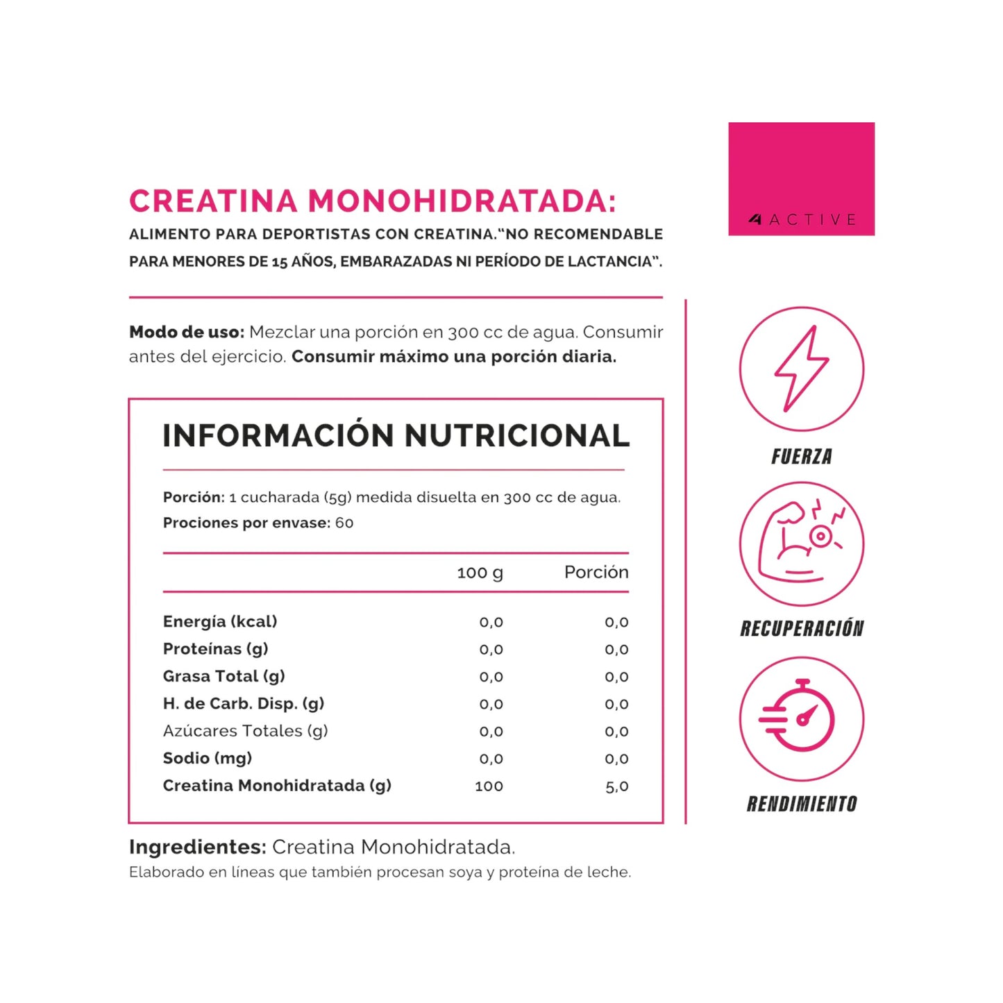 CREATINA MONOHIDRATADA 100% PURA 60 SERVICIOS - 4ACTIVE WOMEN