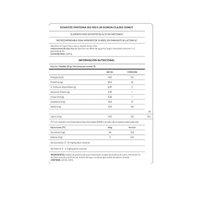 Información nutricional ISO100 Dunkin Glazed Donut 5 lb