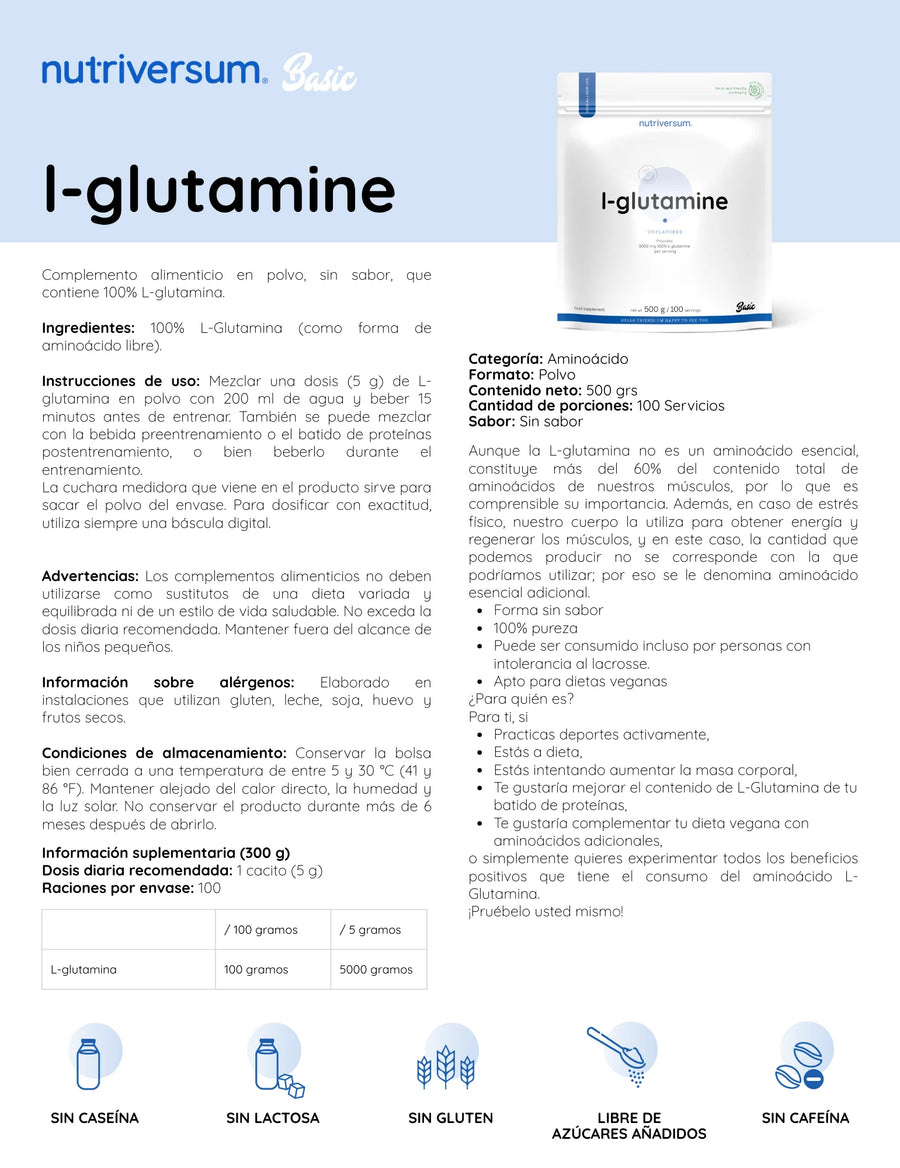 L- GLUTAMINA 500GR 100 SV UNFLAVORED  - NUTRIVERSUM