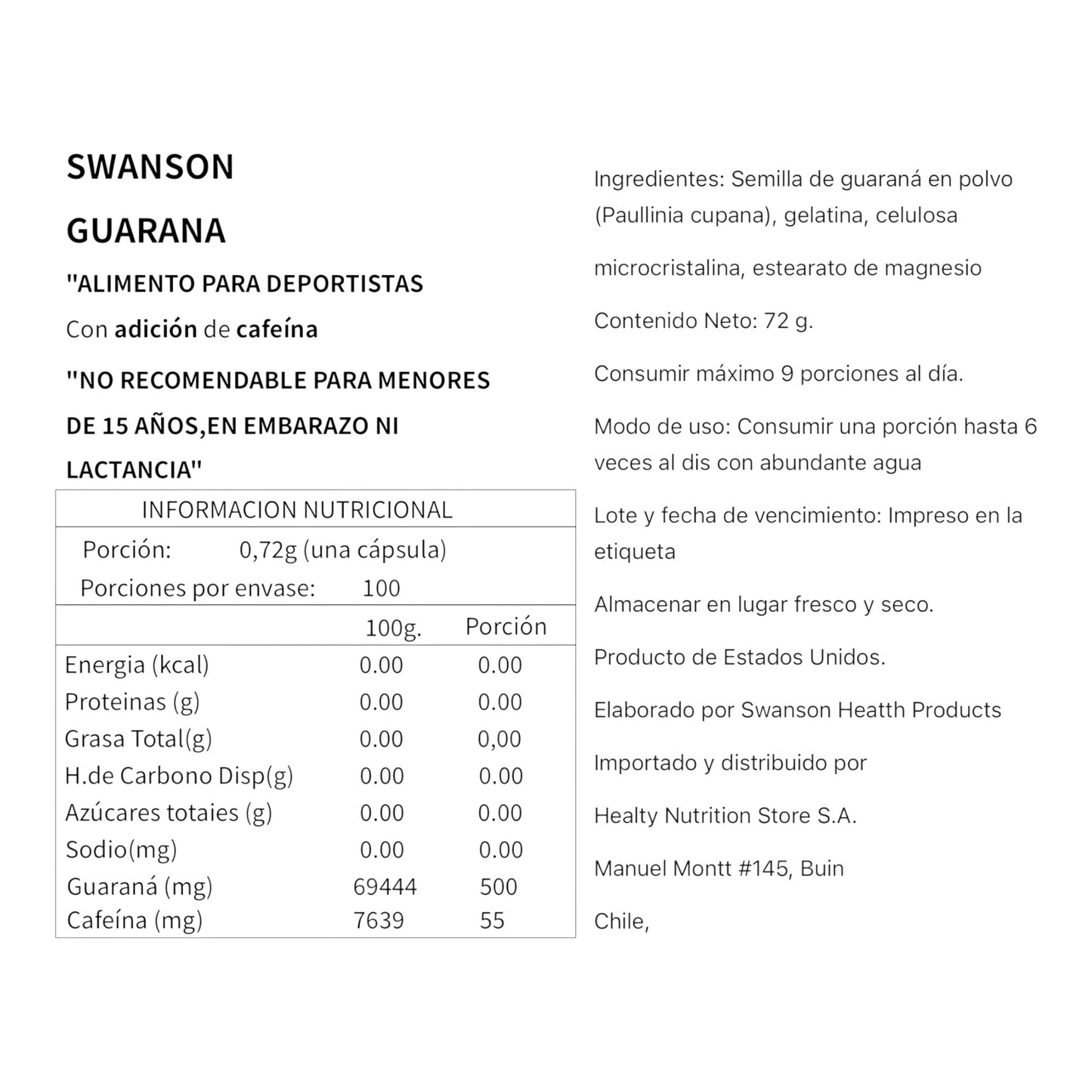 GUARANA 500MG 100 CAPSULAS - SWANSON