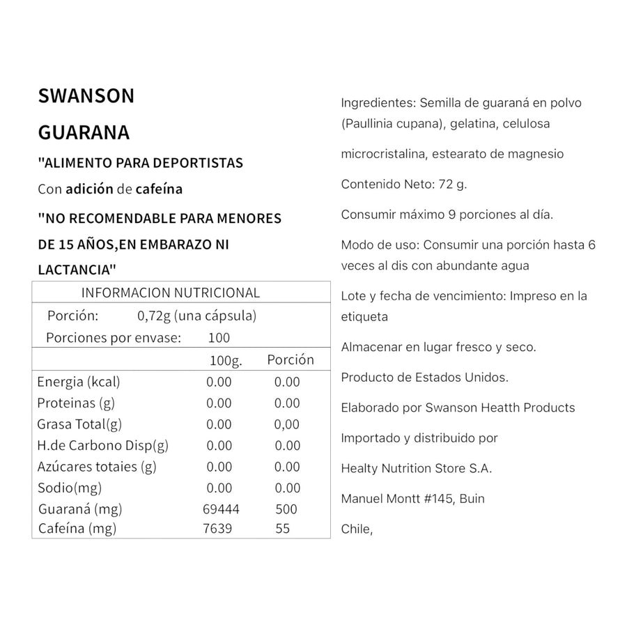 GUARANA 500MG 100 CAPSULAS - SWANSON