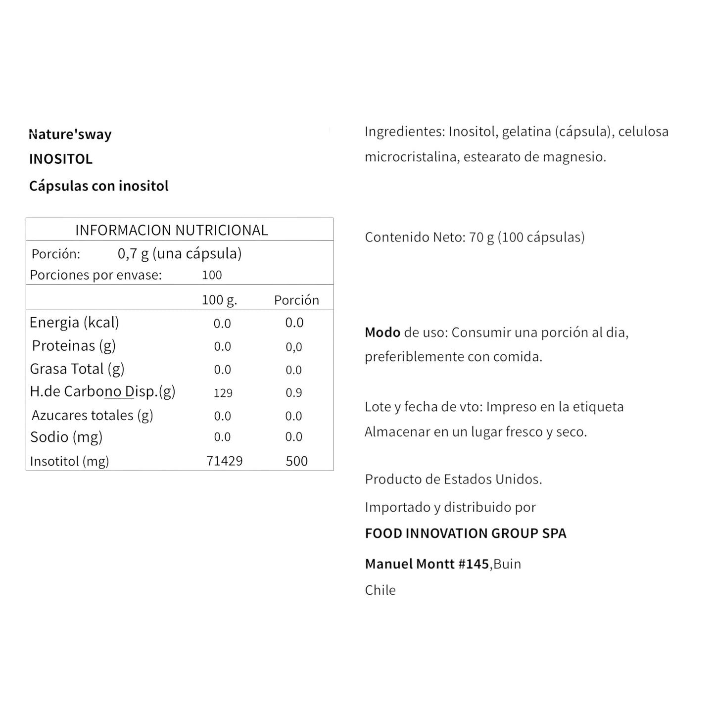 INOSITOL 500MG 100 CAPSULAS - NATURE'S WAY