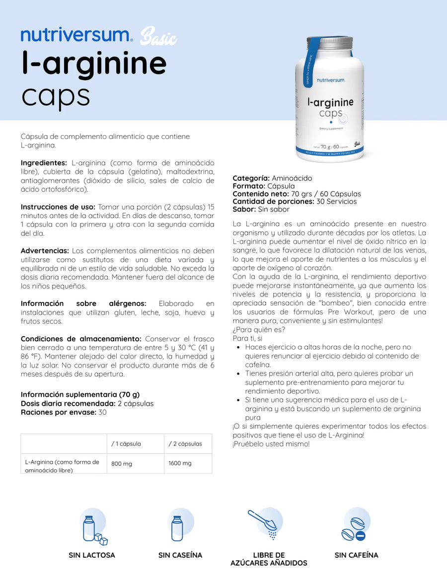 L- ARGININA 60 CAPSULAS - NUTRIVERSUM
