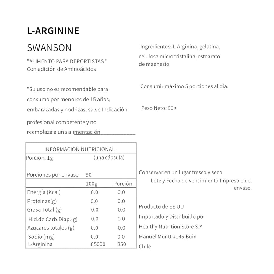 L-ARGININA 850MG 90 CAPSULAS VEGANAS - SWANSON