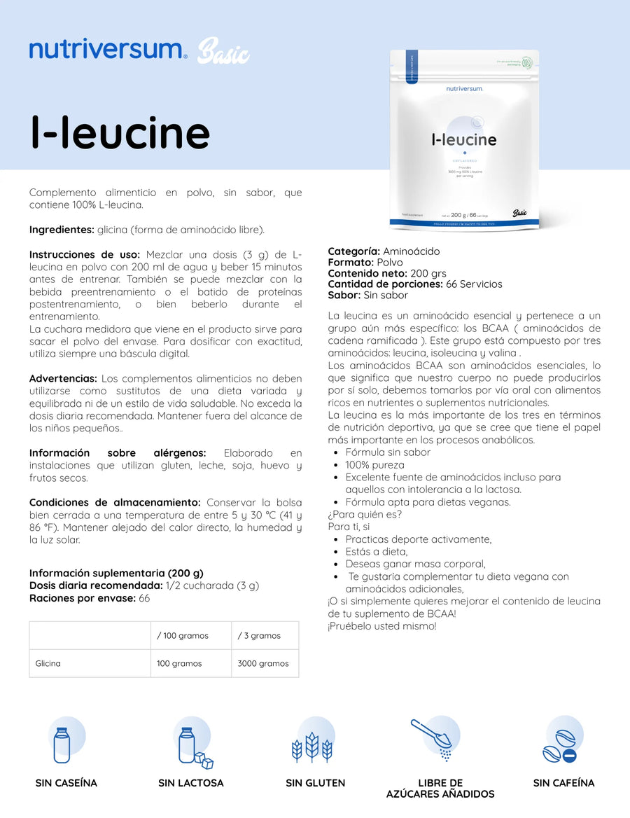 L-LEUCINA 200GR 66 SV UNFLAVORED - NUTRIVERSUM