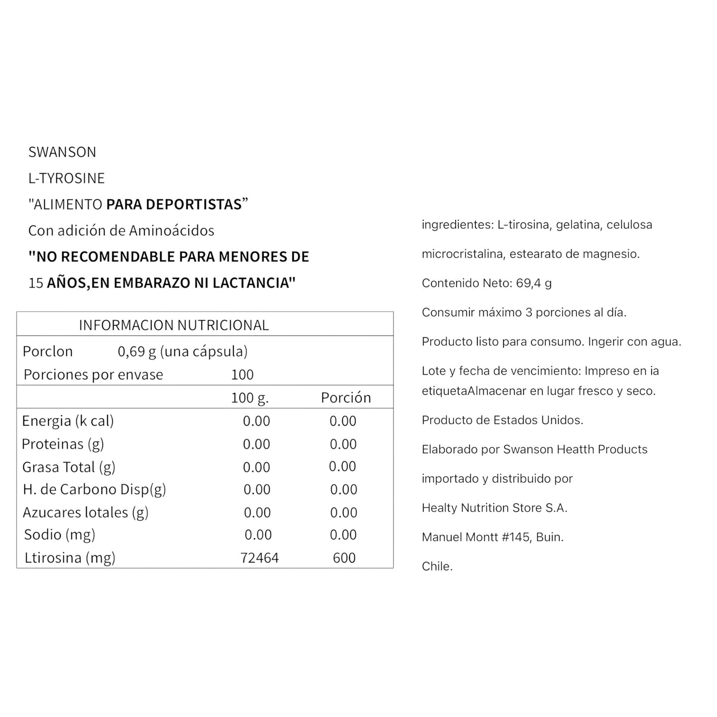 L-TYROSINE 500MG 100 CÁPSULAS - SWANSON