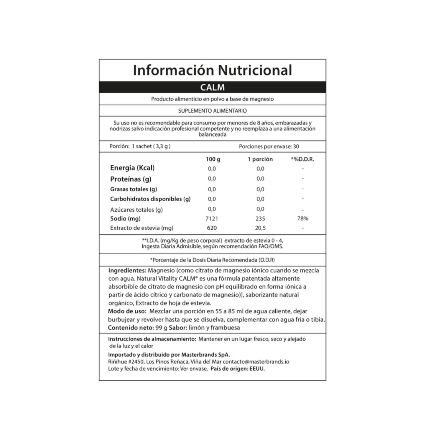 MAGNESIO CITRATO CALM EN POLVO RASPBERRY LEMON - NATURAL VITALITY