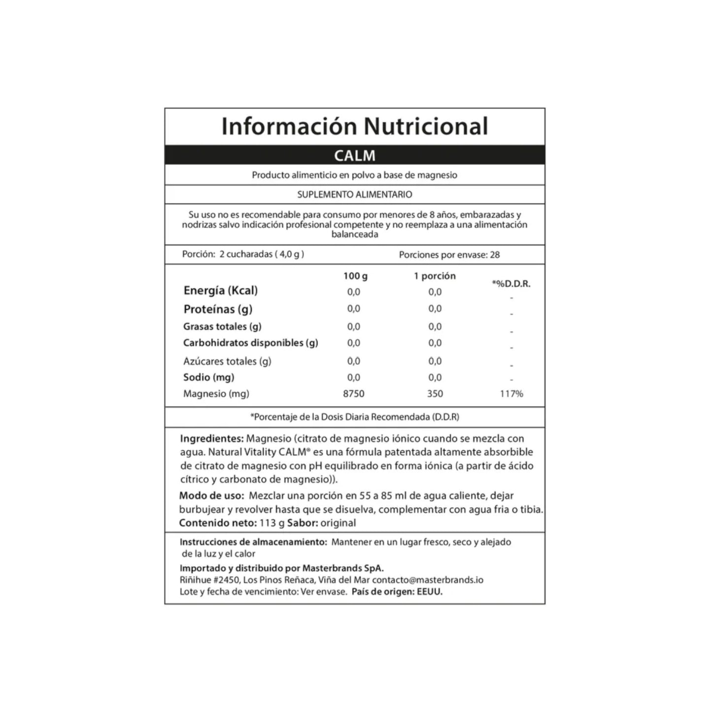 MAGNESIO CITRATO CALM EN POLVO SIN SABOR - NATURAL VITALITY