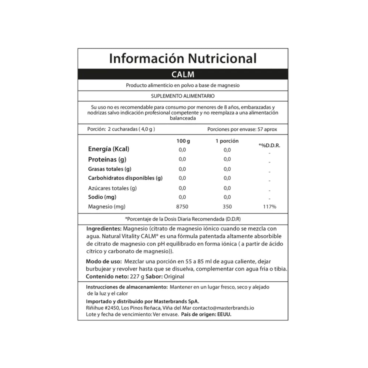 MAGNESIO CITRATO CALM EN POLVO SIN SABOR - NATURAL VITALITY