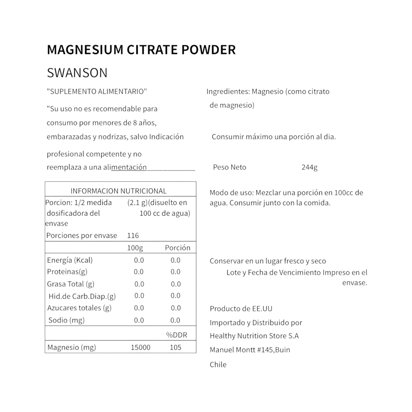 MAGNESIO CITRATO EN POLVO SIN SABOR 244GR - SWANSON