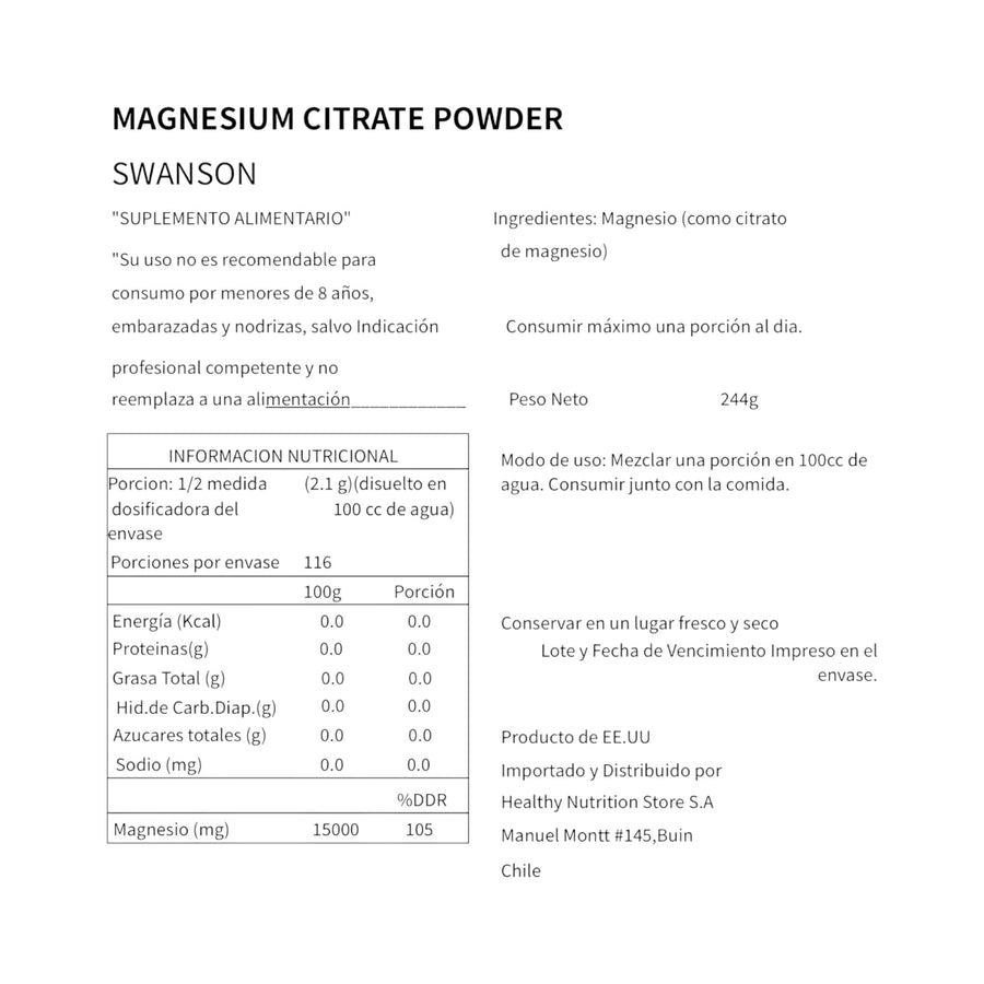 MAGNESIO CITRATO EN POLVO SIN SABOR 244GR - SWANSON