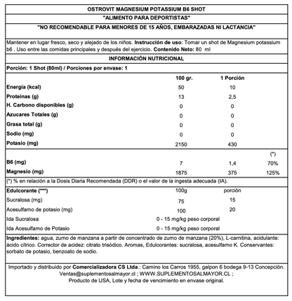 Información nutricional de PACK 20 SHOT DE MAGNESIUM POTASSIUM + B6 LIMÓN GRAPE 80 ML C/U – OSTROVIT