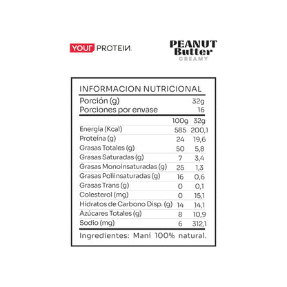 Información nutricional de MANTEQUILLA DE MANÍ 500 G – YOUR PROTEIN