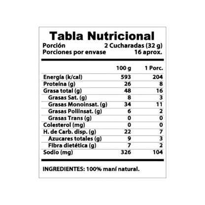 Información nutricional de MANTEQUILLA DE MANÍ 500 G – REVITTA