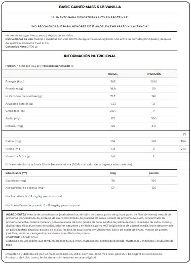 Información nutricional Basic Mass 6 lb sabor Vainilla